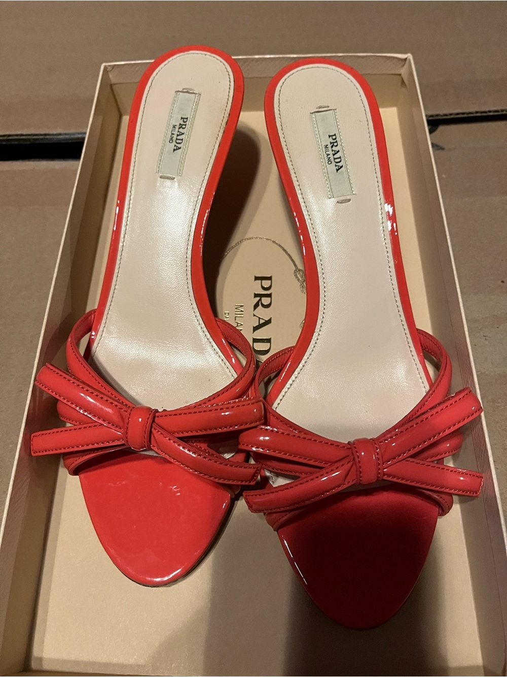Prada Coral Patent Leather Bow Kitten Heel Slide Sandals - Size 39